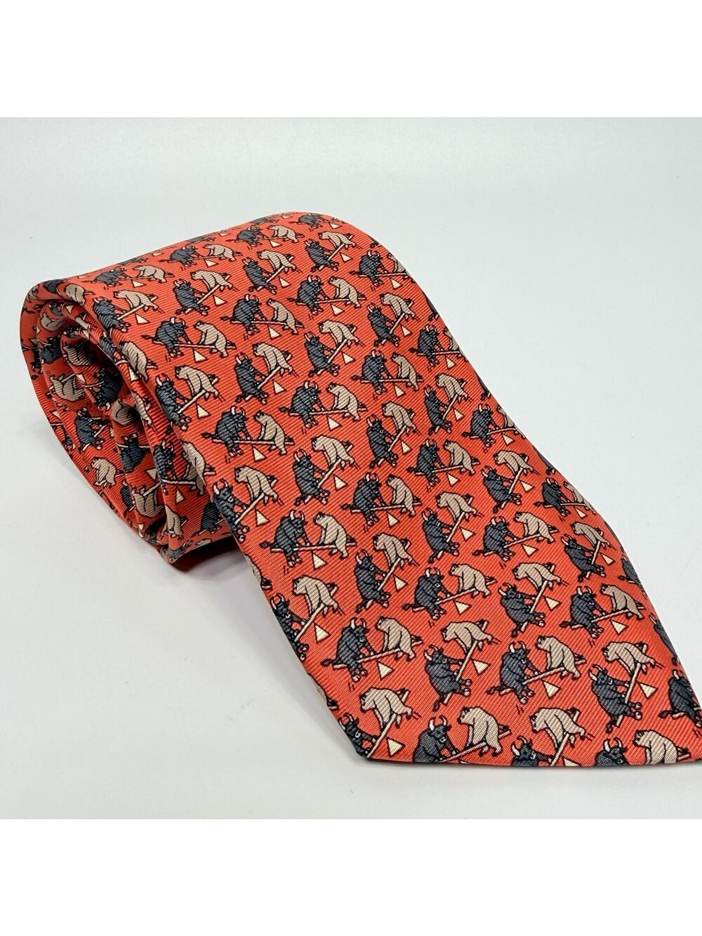 Alynn 100% Silk Tie Red Bull & Bear Stock Market New York Exchange Finance